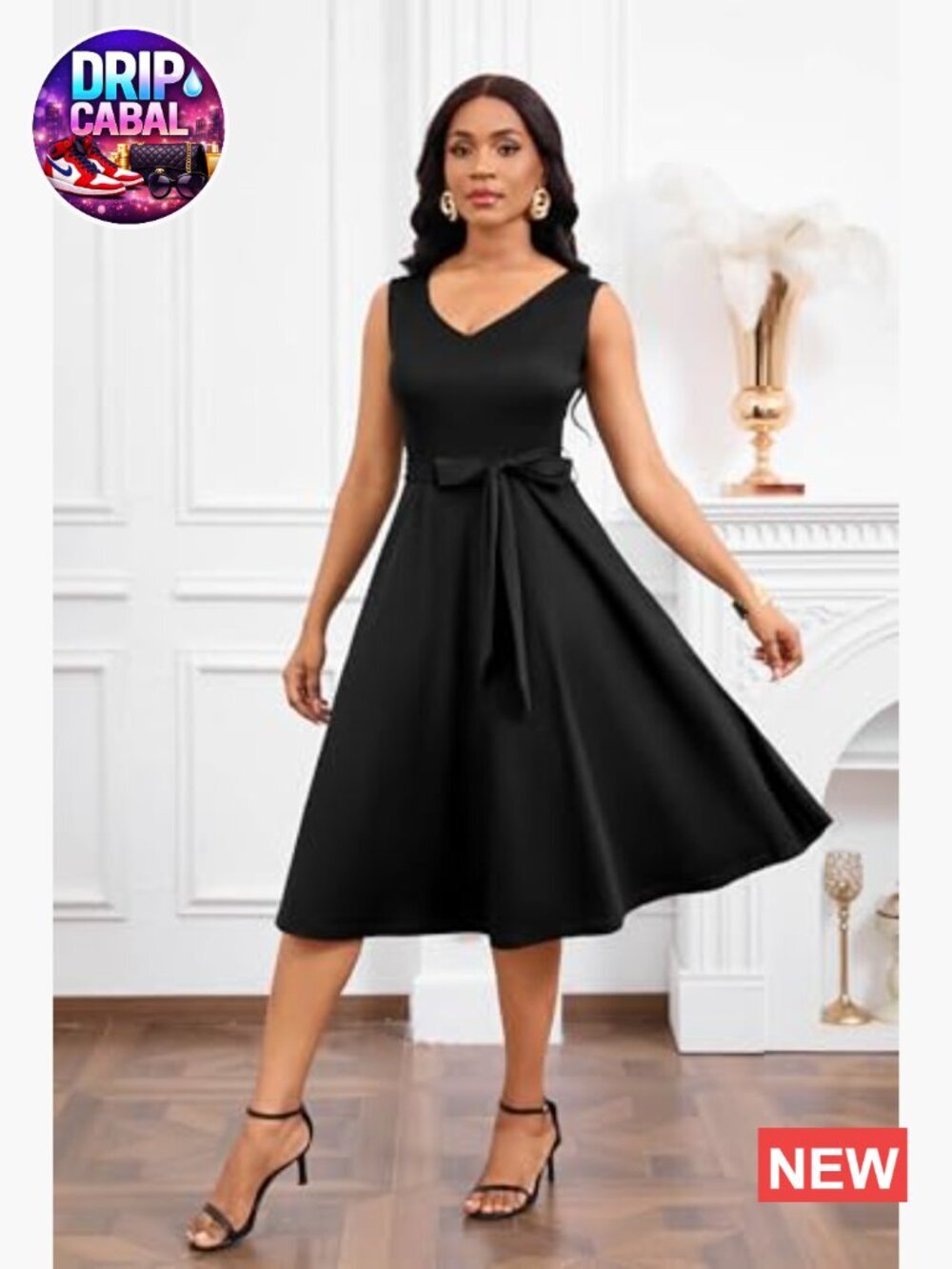 Sleeveless V-Neck Cocktail Dress with Belt and Pockets - Picture 2 of 7